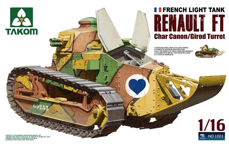 Francuski lekki czołg Renault FT z okresu I wojny światowej, plastikowy model do sklejania Takom 1001 w skali 1:16.-image_Takom_1001_1