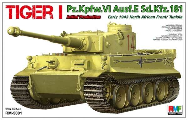 Plastikowy model do sklejania niemieckiego czołgu Tiger I w skali 1:35, wersja z kampanii w Afryce Północnej. Model RFM 5001.-image_RFM Rye Field Model_RM-5001_1