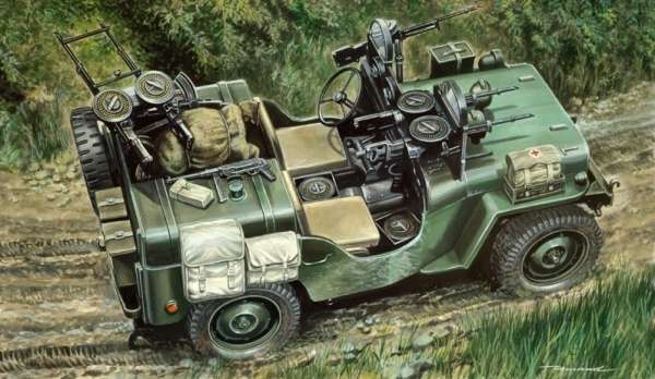 Model amerykańskiego wojskowego pojazdu komandosów Willys MB-Jeep, plastikowy model do sklejania Italeri 320 w skali 1/35.-image_Italeri_0320_1