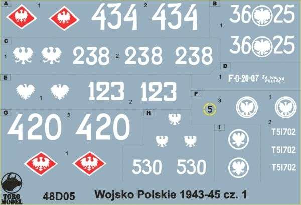 Kalkomania Wojsko Polskie 1943-45 cz. 1, polska kalkomania do modeli w skali 1/48. 