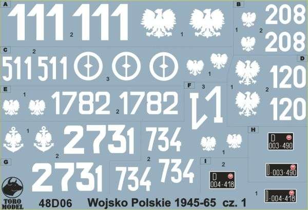 Kalkomania Wojsko Polskie 1945-65 cz. 1, polska kalkomania do modeli w skali 1/48. 