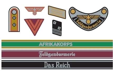 Kalkomania na figurki niemieckich żołnierzy z okresu WWII (Africa Corps / Waffen SS) w skali 1/35, Tamiya 12641. -image_Tamiya_12641_1