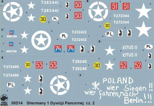 Kalkomania Polskie Shermany - 1 Dywizja Pancerna cz.2, polska kalkomania do modelu w skali 1/35. 