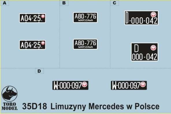 Kalkomania Limuzyny Mercedes-Benz w Polsce, polska kalkomania do modeli w skali 1/35. 