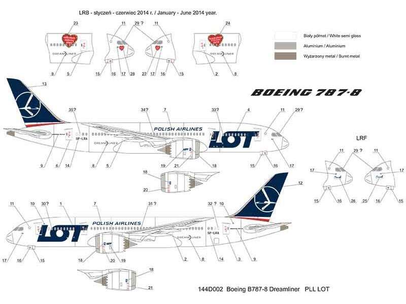 Kalkomania PLL LOT - Boeing 787-8 Dreamliner w skali 1/144