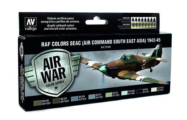 Zestaw modelarskich farb akrylowych do malowania samolotów RAF SEAC (Azja Południowo-Wschodnia) 1942-45, Vallejo 71146-image_Vallejo_71146_1