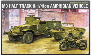 Academy 13408 Zestaw 3 modeli M3 Half Track 1/4 Amfibia i motocykl 1-72 