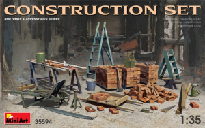 MiniArt 35594 Construction Set Ladders, Table, Buckets, Bricks, Cart, Anvil, Beams, Jack Stand & Tools