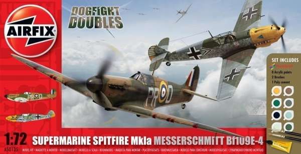 Zestaw modelarski - brytyjski myśliwiec Supermarine Spitfire Mk.Ia oraz niemiecki samolot myśliwski Messerschmitt Bf109E-4, plastikowe modele do sklejania Airfix A50135 w skali 1:72-image_Airfix_A50135_1