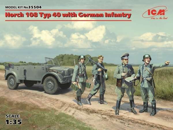 Wojskowy samochód Horch 108 Typ 40 wraz z niemiecką piechotą, plastikowy model oraz figurki do sklejania ICM 35504 w skali 1:35-image_ICM_35504_1
