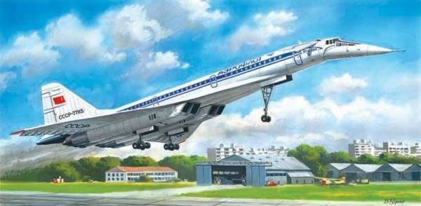 Model radzieckiego pasażerskiego samolotu naddźwiękowego Tupolev Tu-144D, plastikowy model do sklejania ICM 14402 w skali 1/144.-image_ICM_14402_1