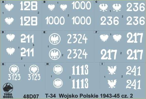 Kalkomania Czołgi T-34 w Wojsku Polskim 1943-45 cz.2, polska kalkomania do modeli w skali 1/48. 