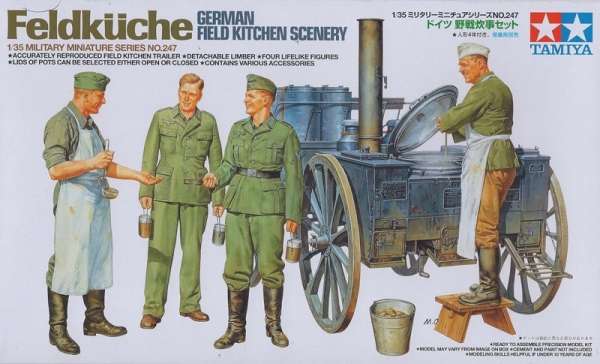 Niemiecka kuchnia polowa oraz niemieccy żołnierze, plastikowy model i figurki do sklejania Tamiya 35247 w skali 1:35.-image_Tamiya_35247_1