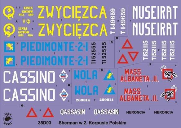 Kalkomania Shermany w 2 Korpusie Polskim, Włochy 1945, polska kalkomania do modelu w skali 1/35. 