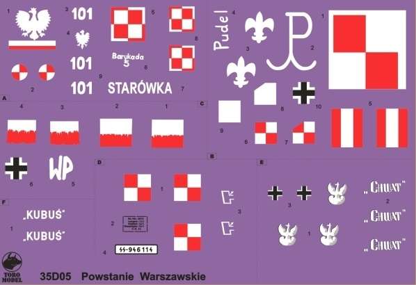 Kalkomania Pojazdy opancerzone Powstania Warszawskiego, polska kalkomania do modeli w skali 1/35. 