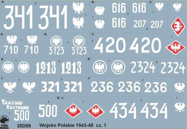 Kalkomania Wojsko Polskie 1943-45 cz.1, polska kalkomania do modeli w skali 1/35. 