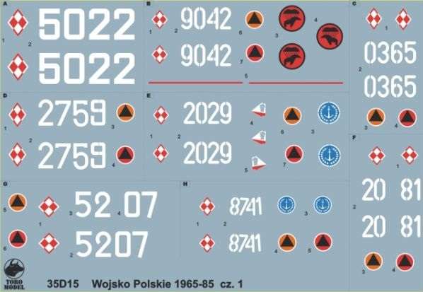 Kalkomania Wojsko Polskie 1965-85 cz.1, polska kalkomania do modeli w skali 1/35. 