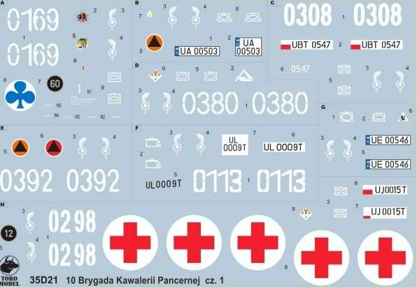 Kalkomania Pojazdy 10tej Brygady Kawalerii Pancernej cz.1, polska kalkomania do modeli w skali 1/35. 