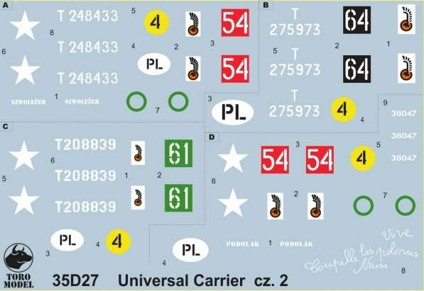 Kalkomania Universal Carrier Mk.II w Wojsku Polskim i w PSZ cz.2, polska kalkomania do modeli w skali 1/35, 35D27 