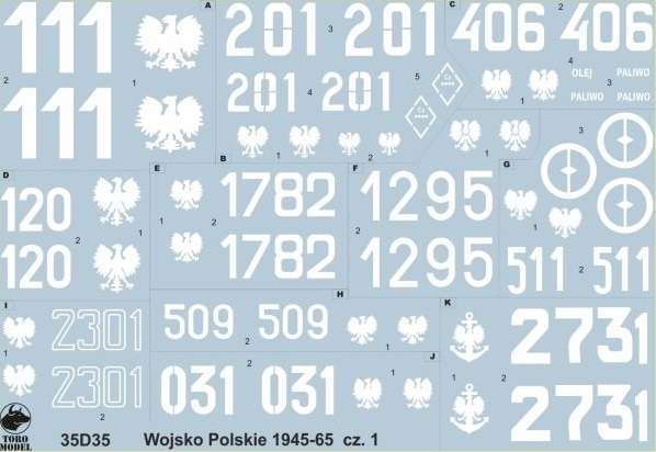 Kalkomania Wojsko Polskie 1945-65 cz.1, polska kalkomania do modeli w skali 1/35. 