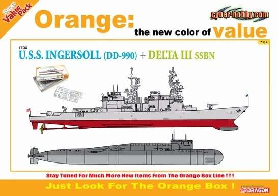 Amerykański niszczyciel Ingersoll DD-990 oraz okręt podwodny projektu  Delta III, plastikowe modele do sklejania Dragon 7114 w skali 1:700-image_Dragon_7114_1