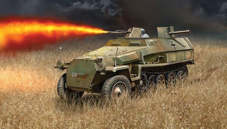 Plastikowy model do sklejania niemieckiego transporera opancerzonego Sd.Kfz.251/16 z miotaczem ognia w skali 1:72. Model Italeri 7067.-image_Italeri_7067_1