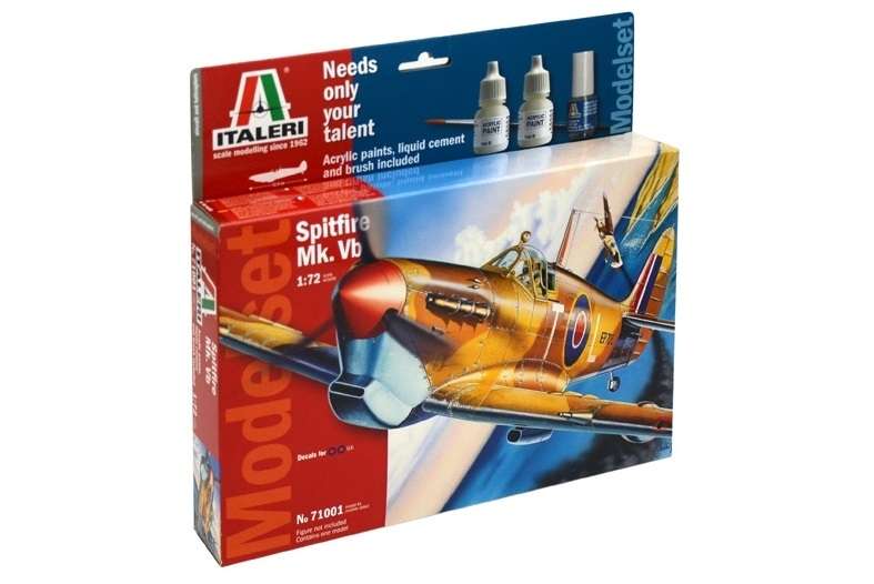 Brytyjski myśliwiec Supermarine Spitfire Mk.Vb, plastikowy model do sklejania w skali 1:72, zestaw modelarski Italeri 71001 z farbami, klejem i pędzlem.-image_Italeri_71001_1