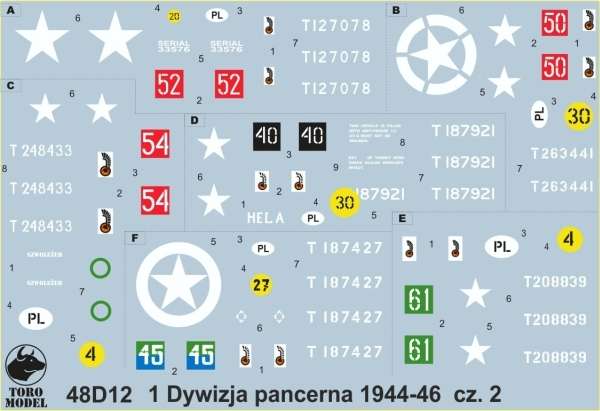 Kalkomania 1 Dywizja Pancerna 1944-46 cz. 2, polska kalkomania do modeli w skali 1/48. 