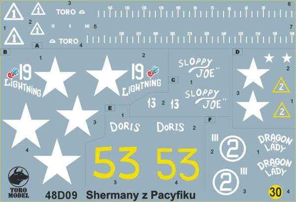Kalkomania Shermany z wysp Pacyfiku, kalkomania do modeli w skali 1/48. 