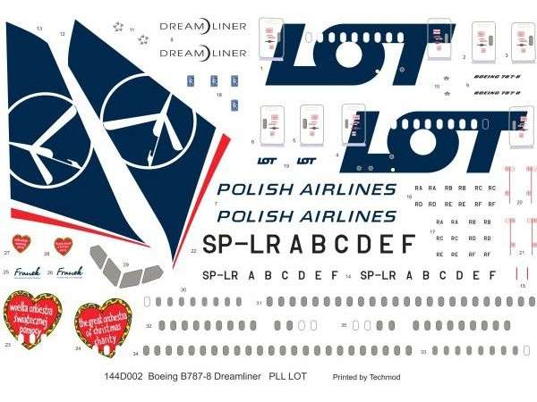 Kalkomania PLL LOT - Boeing 787-8 Dreamliner w skali 1/144