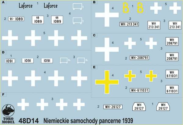Kalkomania Niemieckie samochody pancerne w kampanii wrześniowej 1939, kalkomania do modeli w skali 1/48. 