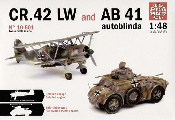 Włoski samolot Fiat Cr.42 LW oraz samochód pancerny Autoblinda AB 41, plastikowe modele do sklejania Supermodel 10-501 w skali 1:48-image_Supermodel_10-501_1