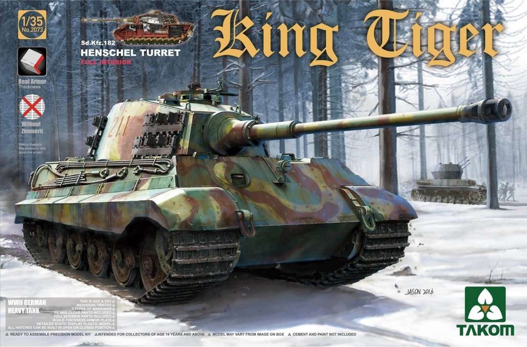 Niemiecki ciężki czołg Sd.Kfz.182 King Tiger z wieżą Henschel oraz pełnym wnętrzem, plastikowy model czołgu do sklejania Takom 2073 w skali 1:35-image_Takom_2073_1