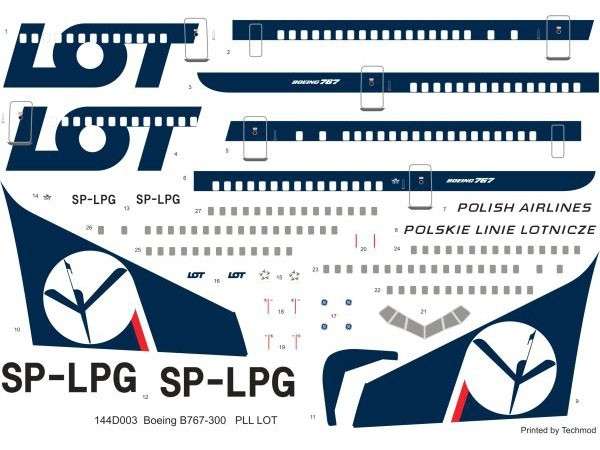 Kalkomania PLL LOT - Boeing 767 w skali 1/144