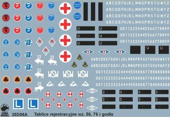 35D06 Polska kalkomania - Tablice rejestracyjne wz.56, 76, godła i napisy pojazdów Wojska Polskiego - skala 1/35